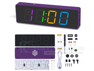 DC 5V Colorful LED Electronic Clock Kit, DIY Soldering Project, 12Hours 24Hours Display Date Time Temperature Alarm Clock with Purple Case