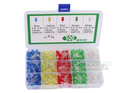 500pcs 5mm White Green Blue Red Yellow LED Kits Component Kit Light Emitting Diode