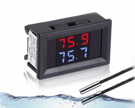 DC 4-28V Red+Blue Fahrenheit Dual Display Digital Thermometer with 2 NTC Waterproof Metal Probes Temperature Sensor