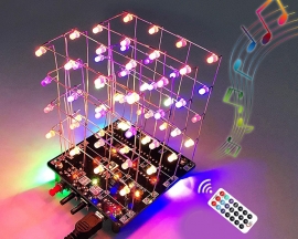 DIY 3D Light Cube 4x4x4 RGB LED Electronic Soldering Kit, USB Charging Colorful Music 3D Animation Light Cube Ornament with Remote Control for Practice Soldering