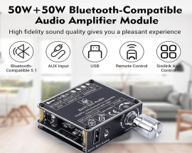 50W+50W HIFI Bluetooth-Compatible Amplifier Board, BLE5.1 Dual Channel Stereo Audio Amplifier, Support U-disk/AUX Audio APP/Infrared Remote Control