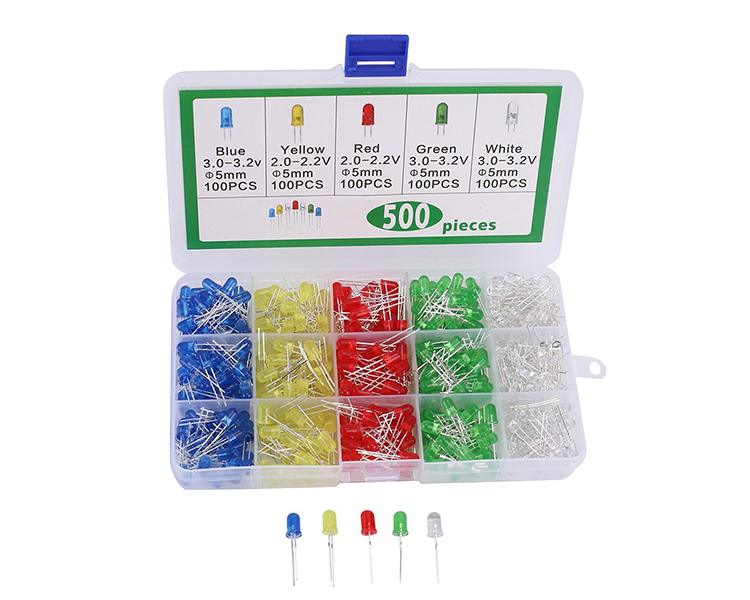 5 Colors x 100pcs Thlighting φ5mm-500pcs 500pcs 5mm LED Light Emitting Diode Round Assorted Color White/Red/Yellow/Green/Blue Kit Box 