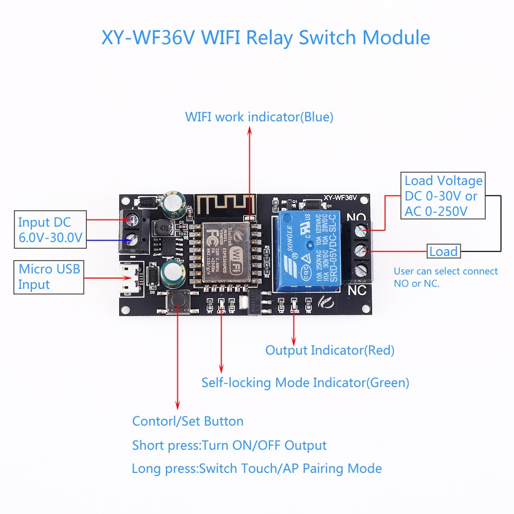 WHDTS ESP8266 WiFi Relay Delay Switch Module DC 6V-36V Momentary Inching & Self-Locking IoT Wireless Intelligent Control Device Smart Home Remote Control Compatible with iOS Andriod 2G/3G/4G Network 