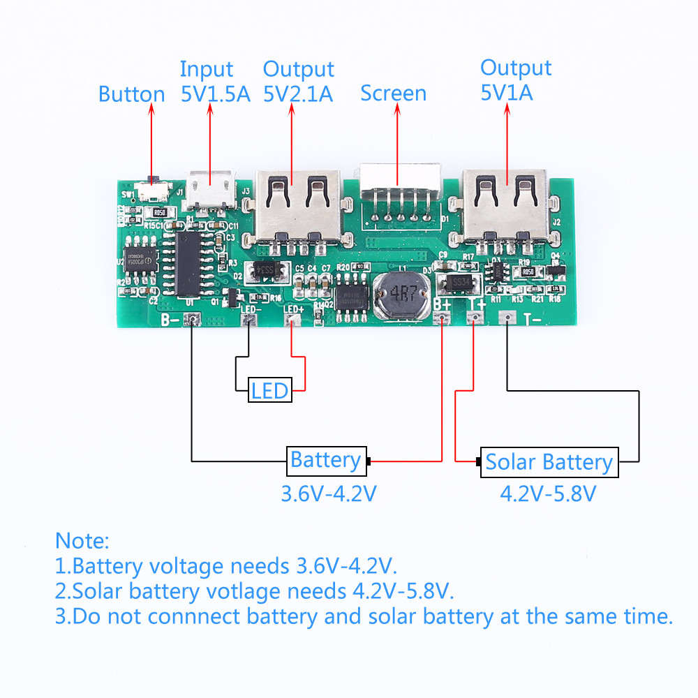 Solar Charging Circuit Board 3.7V to 5V 2.1A Mobile Display Power Boost
