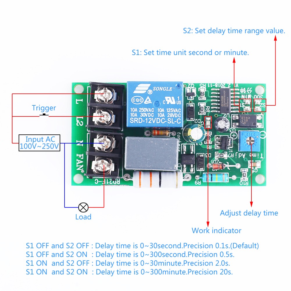 AC 220V 30s Delay Relay Module Adjustable Power OFF Delay Circuit Board