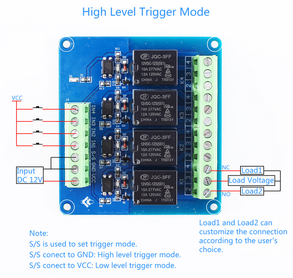 12V 4 Channel Relay Module With Optocoupler High and Low Level Trigger