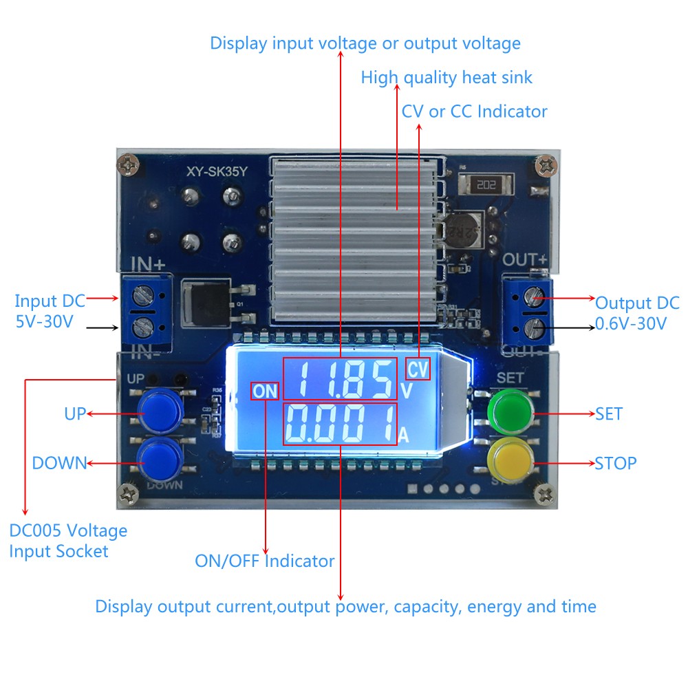 Boost/step-down constant voltage constant current battery charging LCD display