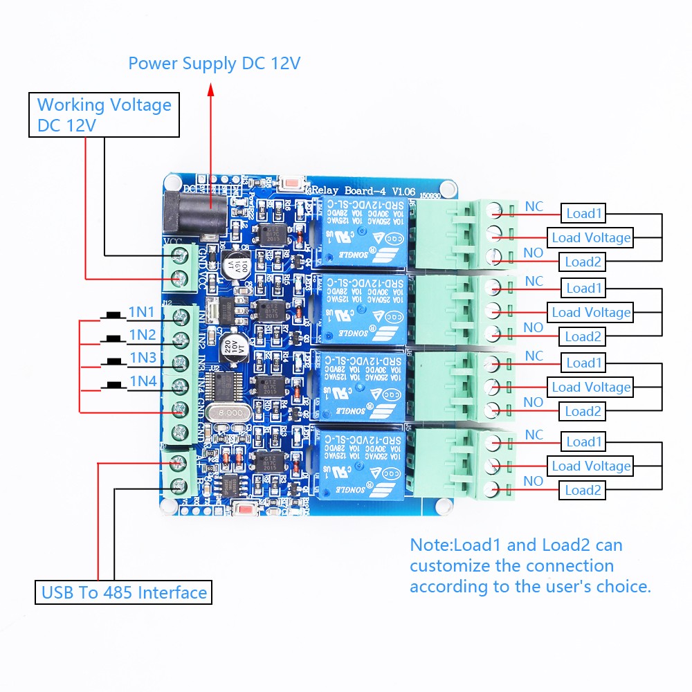 RS485 Modbus-RTU 12V 4Bit Relay Module 4-Channel Switch Controller for  Arduino