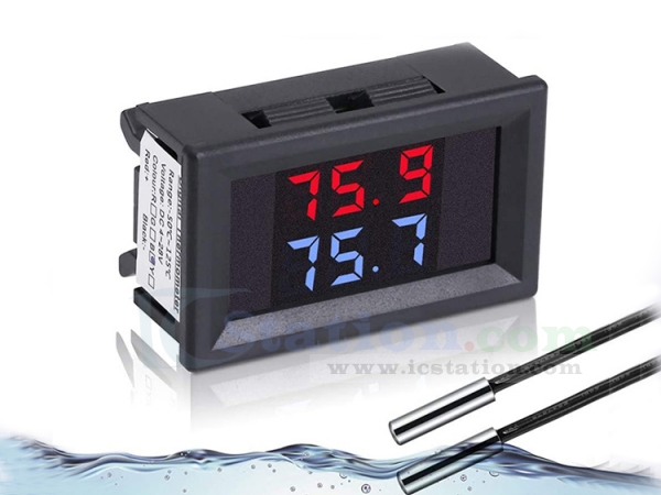 DC 4-28V Red+Blue Fahrenheit Dual Display Digital Thermometer with 2 NTC  Waterproof Metal Probes Temperature Sensor