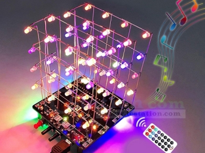 DIY 3D Light Cube 4x4x4 RGB LED Electronic Soldering Kit, USB Charging Colorful Music 3D Animation Light Cube Ornament with Remote Control for Practice Soldering