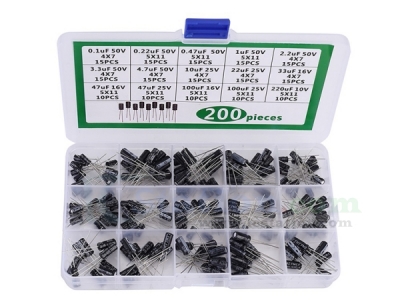 200pcs 15 Values Electrolytic Capacitor Kits 0.1uF/0.22uF/0.47uF/1uF/2.2uF/3.3uF/4.7uF/10uF/22uF/33uF/47uF/100uF/220uF 10V/16V/25V/50V