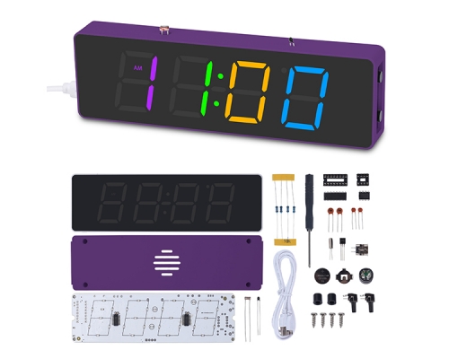 DC 5V Colorful LED Electronic Clock Kit, DIY Soldering Project, 12Hours 24Hours Display Date Time Temperature Alarm Clock with Purple Case