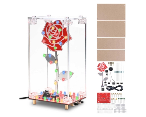 DIY Rose Soldering Kit LED Flower Soldering Project Kit with Acrylic Case Flashing Lights Built-in Musics Electronics Project for Birthday/Valentine's /Mother's Day Present