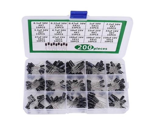 200pcs 15 Values Electrolytic Capacitor Kits 0.1uF/0.22uF/0.47uF/1uF/2.2uF/3.3uF/4.7uF/10uF/22uF/33uF/47uF/100uF/220uF 10V/16V/25V/50V