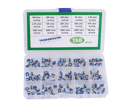 150pcs 10 Values Adjustable Potentiometer Kits 100ohm 200ohm 470ohm 1K 3.3K 4.7K 10K 20K 30K 47K 100K 200K 300K 500K 1M Component Kit