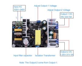 AC-DC Converter, AC 110V 220V to 1.25V-31V/5A 18V-33V/6A 180W Dual Power Supply Module, Adjustable Buck Step Down Module