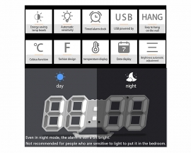 3D LED Digital Wall Clock, Time Date Temperature Display Nightlight Alarm Clock, 9.5'' 12/24 Hours Electronic Desktop Clock Adjustable Brightness
