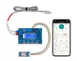 12V DC Digital Temperature Controller, WiFi APP Control High Temperature Control Module -99°C~999°C 24V Thermostat Control Switch Board with 10A One-Channel Relay Waterproof K-Type Thermocouple Probe