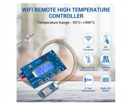 12V DC Digital Temperature Controller, WiFi APP Control High Temperature Control Module -99°C~999°C 24V Thermostat Control Switch Board with 10A One-Channel Relay Waterproof K-Type Thermocouple Probe