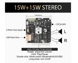 15Wx2 Bluetooth-compatible Amplifier Module with Volume Indicator, DC9-24V Dual Channel Stereo Amp Board, BLE/AUX/U-disk/USB Input