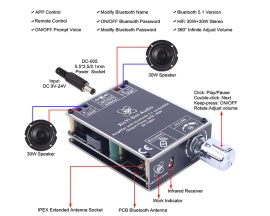 30W+30W HIFI Bluetooth-compatible Amplifier Board, TPA3118 BLE 5.1 Stereo Audio Amp, APP/Infrared Remote Control