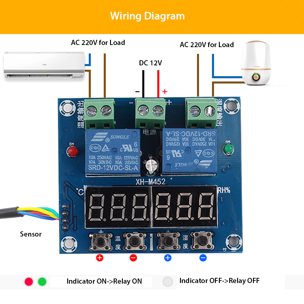XH-M452 DC 12V LED Dual Digital Temperature Humidity Controller Independent  Output 10A Relay Control Thermostat +Probe